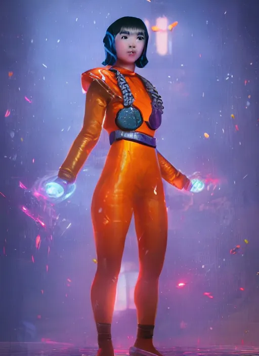 Image similar to teenage rainbow hair asian girl wearing an orange superhero costume, bioshock, au naturel, hyper detailed, digital art, trending in artstation, cinematic lighting, studio quality, smooth render, unreal engine 5 rendered, octane rendered, art style by klimt and nixeu and ian sprigger and wlop and krenz cushart