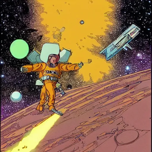 Image similar to a battle in the space, moebius style.