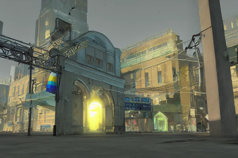 Prompt: a portal to rainbow city, half life 2, blender, hd,