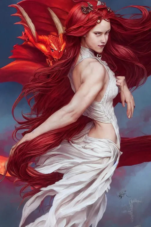 Prompt: fullbody!! dynamic action pose, beautiful woman with red hair ponytail, small red dragon wings on her head, white woollen dress, dnd, face, fantasy, intricate, elegant, highly detailed, digital painting, artstation, concept art, smooth, sharp focus, illustration, art by artgerm and greg rutkowski and alphonse mucha