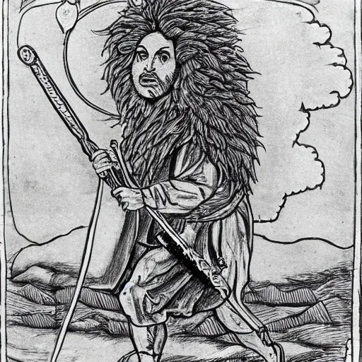 Prompt: One man who looks like a lion holding a sword of fire standing in a nuclear wasteland, highly detailed, photorealistic, medieval drawing H 768
