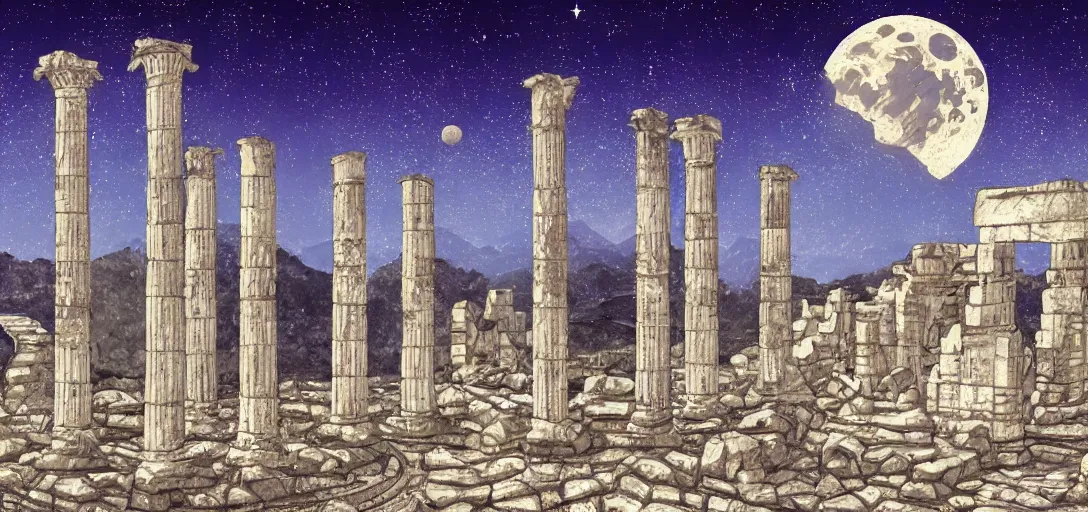 Image similar to The ruins of the Silver Millennium on the moon from Sailor Moon, digital painting, Earth in the distance, Greek-esque columns and ruins