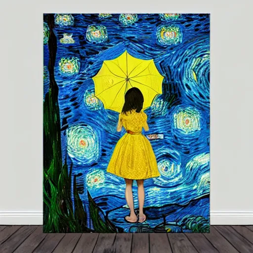 Image similar to girl with an umbrella girl with an umbrella. a walk inside a van gogh painting is a starry night. inside the painting. see everything from the inside. clearly detailed. dramatic.