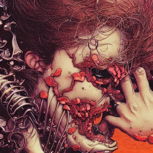 Image similar to closeup of face melting and tongues, by yoichi hatakenaka, masamune shirow, josan gonzales and dan mumford, ayami kojima, takato yamamoto, karol bak