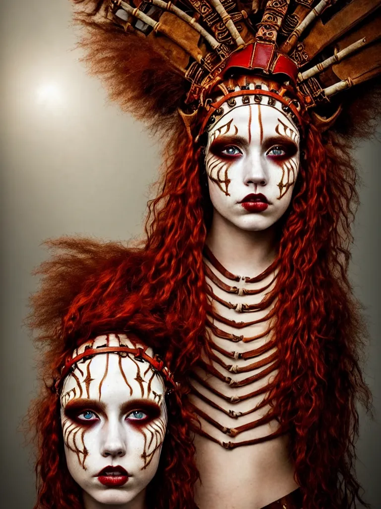 Image similar to a single fierce looking beautiful young woman warrior with curly red hair and symmetrical white makeup, wrapped in leather straps, wearing an intricate head dress made from bones and leather, painted by turner, intricate linework, radiant light, detailed and intricate environment