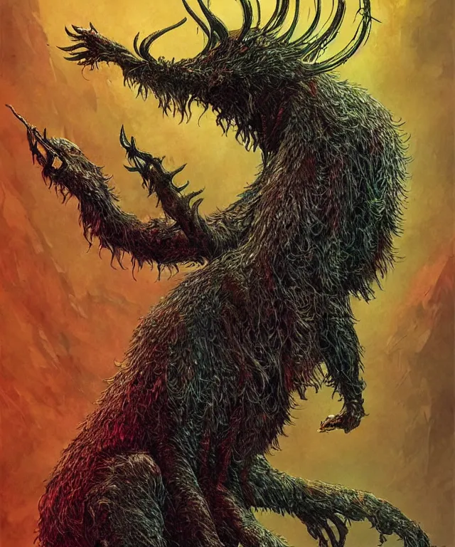 Image similar to a mythical creature covered in fur and spitting caustic acid, fantasy, elegant, digital painting, artstation, concept art, matte, sharp focus, illustration, art by philippe druillet