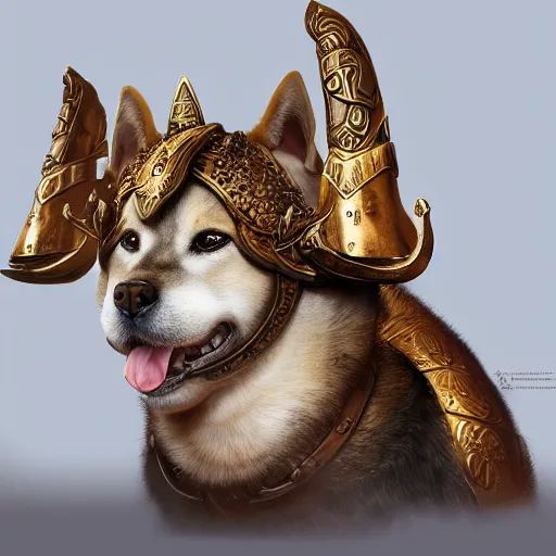 Image similar to detailed photorealistic painting of shiba inu wearing a highly detailed ornamented bronze viking helmet with two horns on head, sharp focus in the style of ruan jia, Mandy jurgens, cinematic light, concept art, trending on artstation, ultra realistic