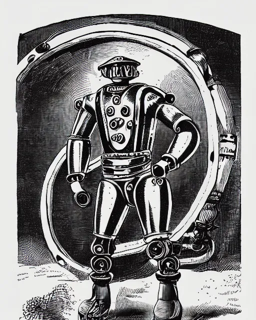 Prompt: 19th century wood-engraving of a muscular robot with a human face wearing a diving suit, whole page illustration from Jules Verne book titled Stardust Crusaders, art by Édouard Riou Jules Férat and Henri de Montaut, frontal portrait, high quality, beautiful, highly detailed, removed watermarks