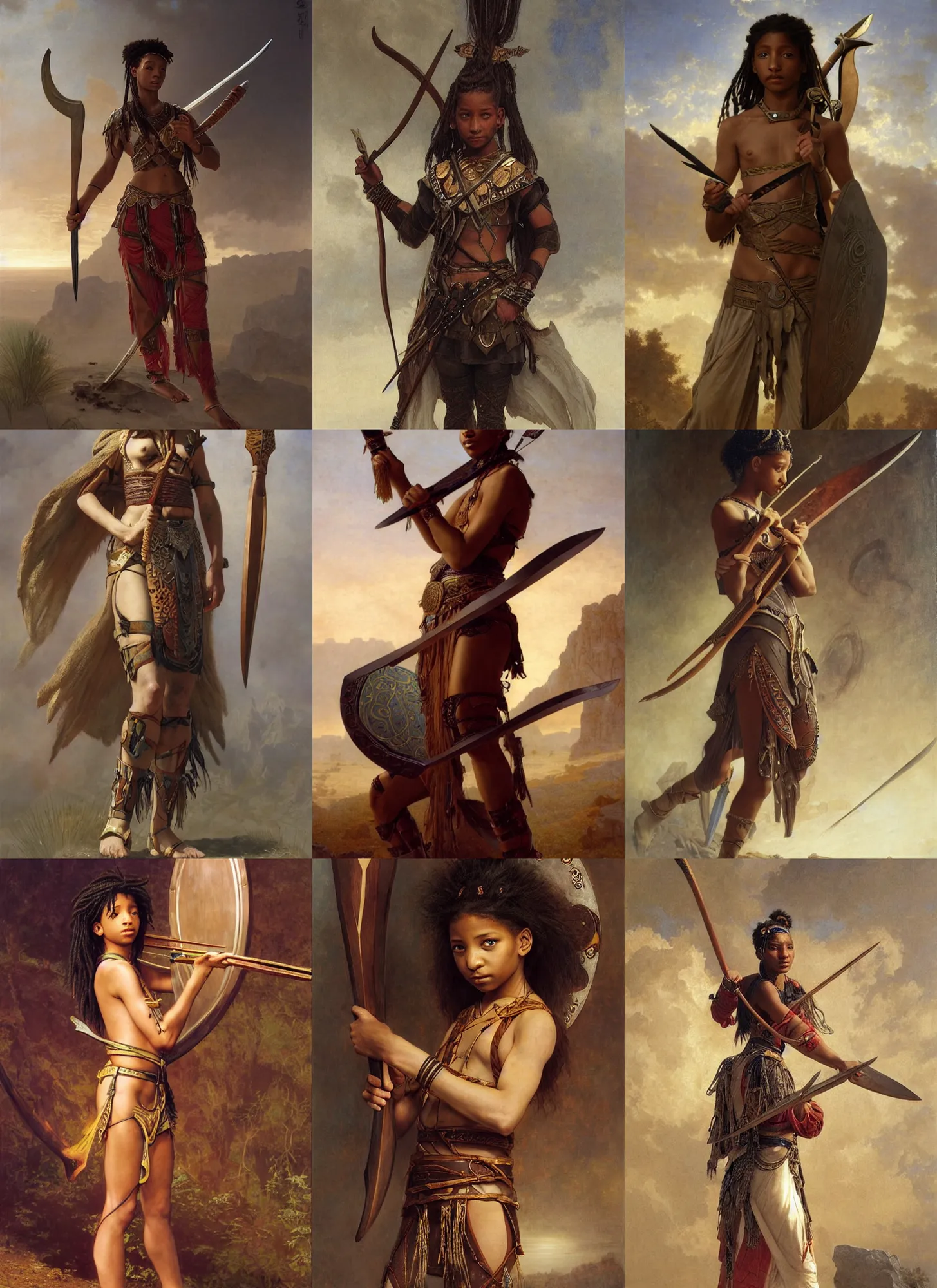 Prompt: willow smith young, ancient libu warrior, holding khopesh and shield, highly detailed, artstation, concept art, sharp focus, illustration, orientalism, edwin long, bouguereau, briclot, rutkowski, mucha