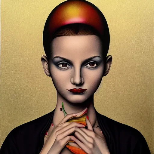 Prompt: skeuomorphic, detailed painting, behance contest winner, an ultrafine detailed painting by rafal olbinski, pop surrealism, a painting of a woman, minimalist, airbrush art, very detailed