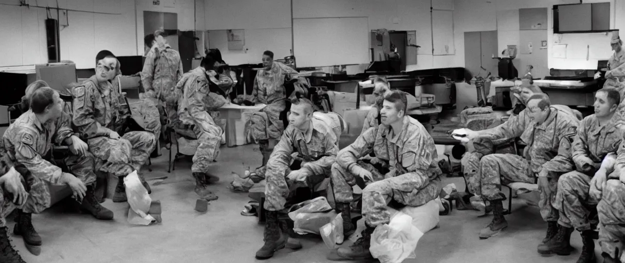 Prompt: filmic extreme wide shot movie still 4 k uhd interior 3 5 mm film color photograph of a group of soldiers relaxing in a break room in a secret military lab having a conversation