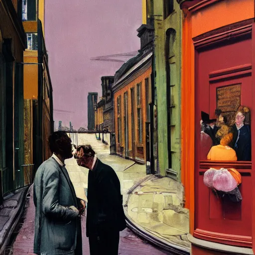 Prompt: high quality high detail painting of two men talking in the city streets of london by lucian freud and edward hopper and jenny saville and francis bacon and norman rockwell and malcom liepke and nicola samori, hd, turquoise and purple and orange and pink, dark atmosphere