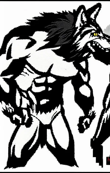 Image similar to extreme long shot. antropomorphic muscular masculine furr wolf. kickboxer, in shorts. wolf head. furr on body. 8 bit nes graphics. nes game, 8 0's