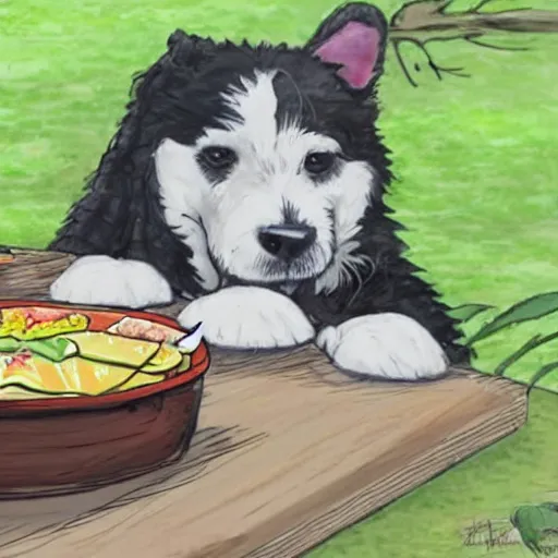 Image similar to un perro en el bosque comiendo en un cuenco, estilo dibujo