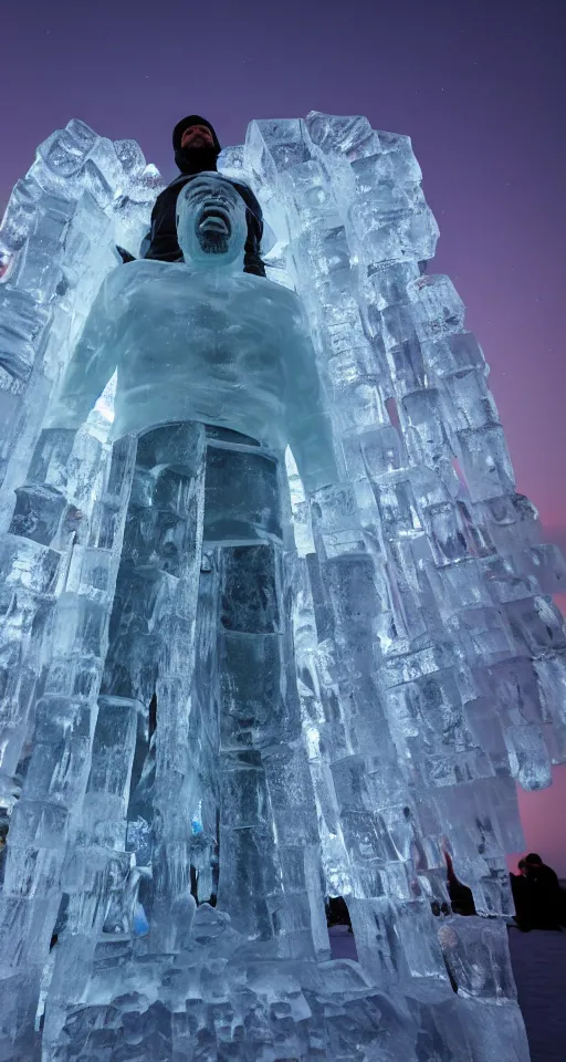 Image similar to dramatic photo, full body statue of rapper'ice cube'frozen in ice at harbin ice festival, full body, wide angle photo, award winning, aurora borealis