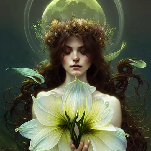 Image similar to A portrait of a fairy blessing moon lillies, fantasy, intricate, elegant, highly detailed, digital painting, artstation, concept art, smooth, sharp focus, illustration, art by Krenz Cushart and Artem Demura and Alphonse Mucha