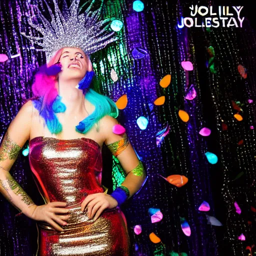 Image similar to jollyfish magazine cover photo, a woman wearing a dress made out of colorful dripping latex and a fancy intricate shiny reflective headdress made out of mirrors, standing in front of a detailed metallic backdrop made out of aluminum foil, shallow depth of field, super - detailed, volumetric lighting, light beams, sharp, no artifacts