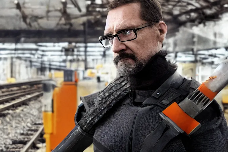 Image similar to vfx movie closeup real life gordon freeman holding wearing futuristic armor, half life logo on chest, crowbar in russian train yard by emmanuel lubezki