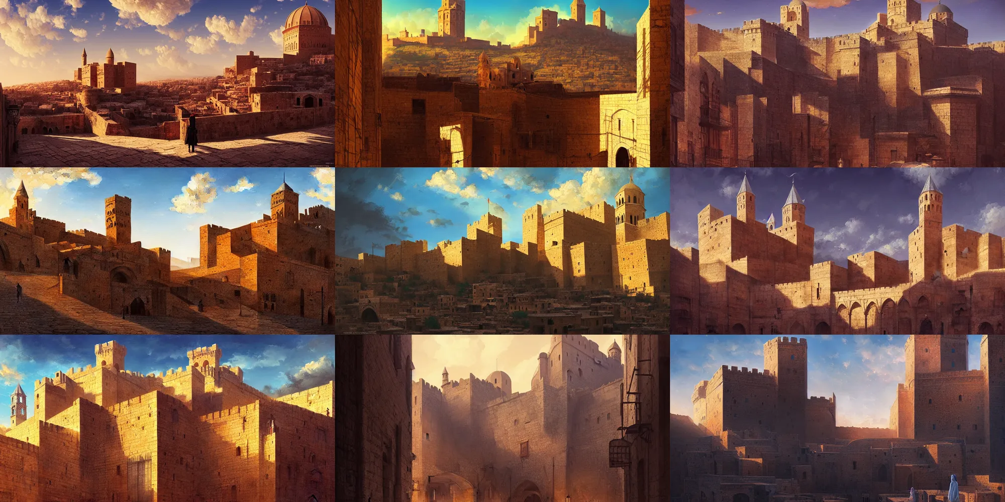 Prompt: mardin old town castle, digital oil painting, high contrast, colorful, clear sky, volumetric lighting, atmospheric, ghibli, greg rutkowski, marc simonetti, artgerm