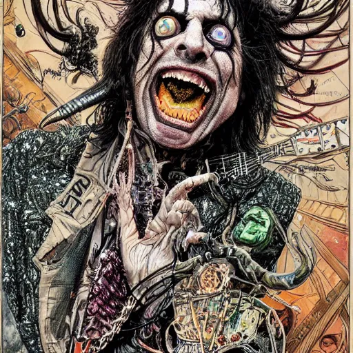 Prompt: A stunning illustration of alice cooper singing on stage, hyperdetailed mixed media artwork combining the styles of Micheal Kaluta and Geof Darrow, wild power, frantic excitement, emotional release, cathartic headbanging, perfectly symmetrical facial features, 8k, deeply detailed, cinematic lighting