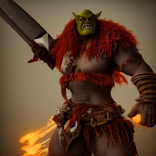 Image similar to beautiful redhead orc with warrior outfit, clash royal style characters, unreal engine 5, octane render, detailed, cinematografic, cinema 4 d