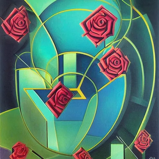 Image similar to an art deco painting of a rose, by joseph stella, synthwave, behance contest winner, crystal cubism, digital illustration