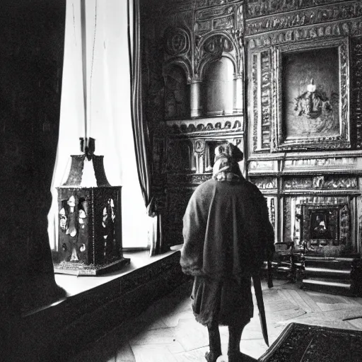 Prompt: ivan the terrible in his palace in moscow talks with iron man, kodak, old photo, black and white, film, wide lens, 1 6 mm,
