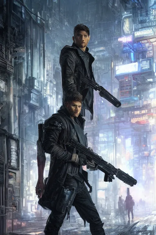 Image similar to a detailed full bodied matte portrait of an extremely handsome jensen ackles as time traveler walking down a dark alley of a futuristic dystopian cyberpunk city, holding a milkor mgl grenade launcher, aetherpunk, masterpiece, 8 k, art by greg rutkowski and albert bierstadt and arthur rackham and alphones mucha