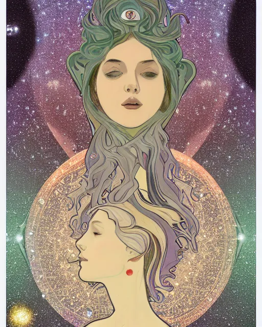 Prompt: a portrait of a galaxy as an androgynous fairy spirit wearing a necklace of moons and stars, draped in transparent cloth, flat colors, occult, minimal, swirly, bust by alphonse mucha, decorative art deco border, astrophotography, vast cosmos, digital illustration overlayed on photography, trending on artstation