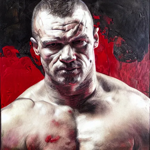 Prompt: Portrait of Mariusz Pudzianowski in the style of Disco Elysium, painting by Jenny Saville and Pavlo Guba, black and red monochromatic