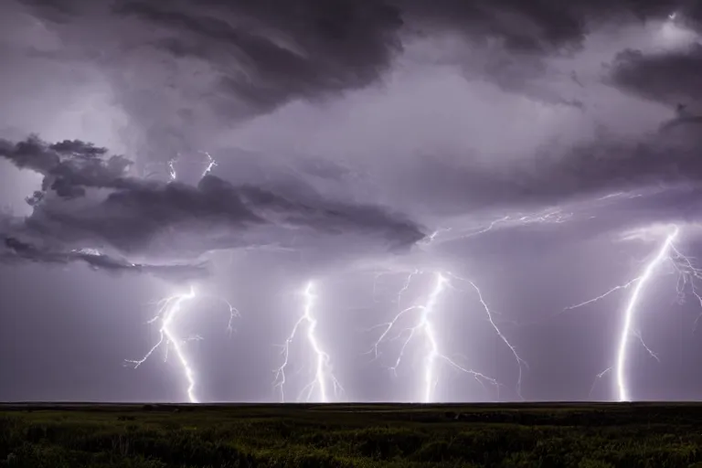 Prompt: a photograph of a tornado, thunderstorm, lightning bolts, illuminated from various angles by the setting sun, cinematic, dramatic lighting, mystic hue