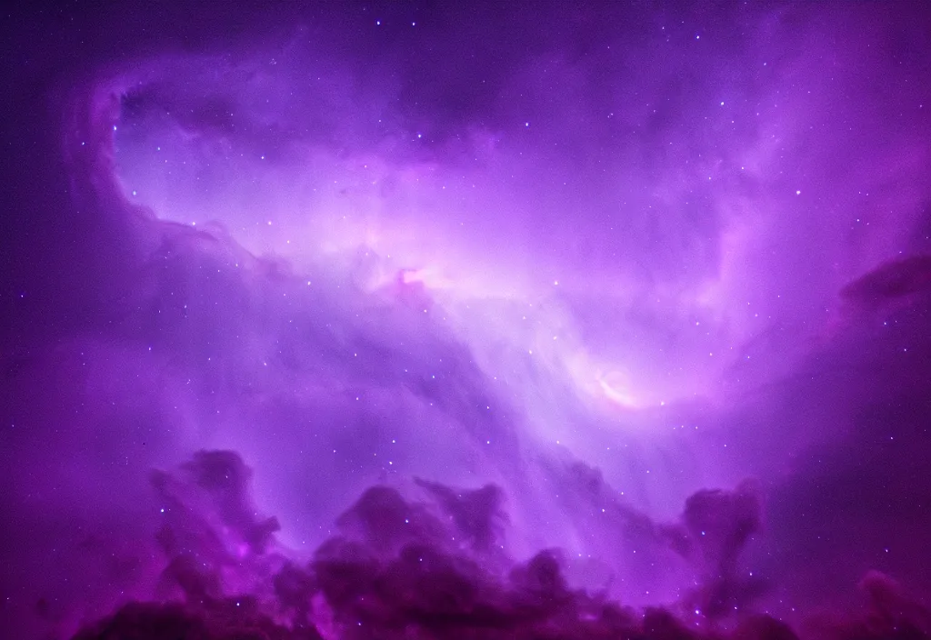 Prompt: purple color lighting storm tornado trippy nebula sky