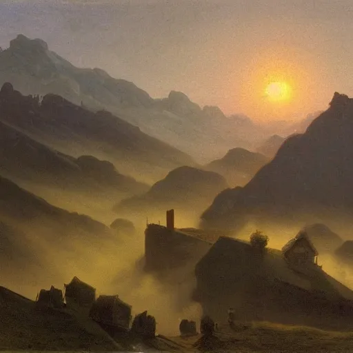 Prompt: mountains above the clouds, village in the mountain, long parallel wooden platforms, tents, colors, misty clouds, sun at dawn, painting by caspar david friedrich