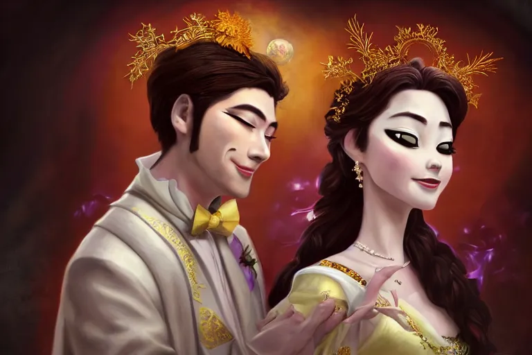 Image similar to a cinematic portrait of wedding photograph jpeg close up moment of a divine a japan sun god and moon goddess lovers magician at a wedding banquet. portraiture. digital painting. artstation. concept art. wedding photo. digital painting. frozen ii art masterpiece by art by krenz cushart