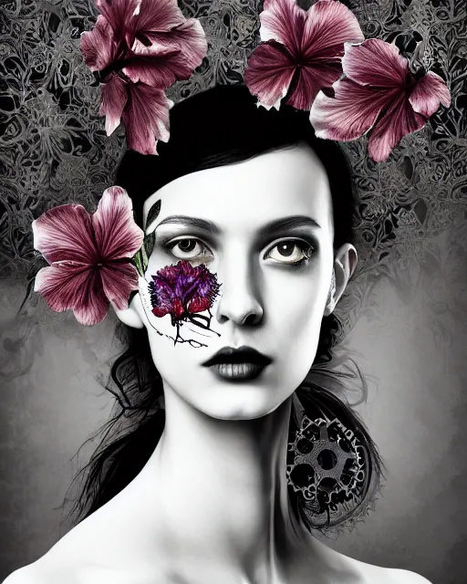 Image similar to monochrome profile portrait painting, dutch masters, silver lace floral steampunk biomechanical beautiful young female cyborg with one techno eye, monocular, volumetric light, leaves foliage and stems, hibiscus flowers, alexander mcqueen, rim light, big gothic fashion pearl embroidered collar, 8 k