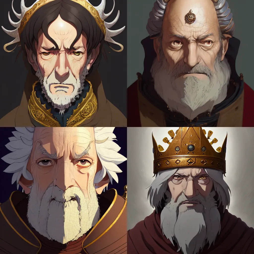 Prompt: portrait of a medieval old king, artstation, cartoon, elegant, highly detailed, digital painting, concept art by ghibli!, makoto shinkai!, bluth!, fujita goro!, giraud!, ghailan!, akihiko yoshida!, fadeev! 8 k