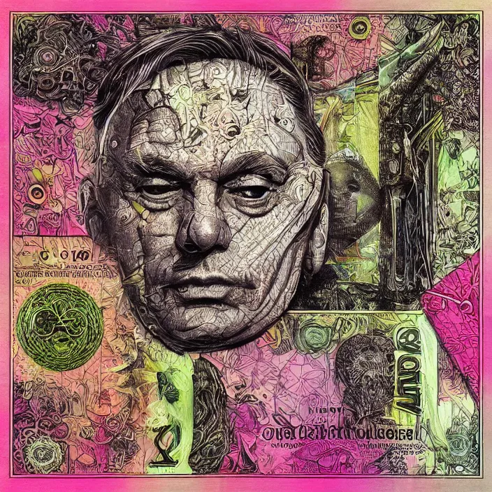 Image similar to new age album cover, asymmetrical design, viktor orban, dollar bank notes, capitalism, magic, psychedelic, black white pink, highly detailed, magic, giger h. r., giuseppe arcimboldo