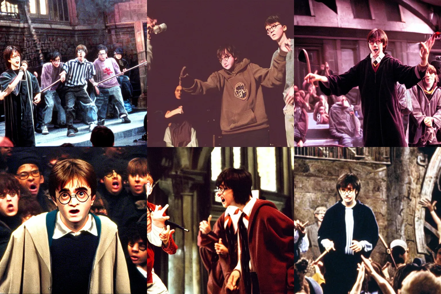 Prompt: Harry Potter(2001) on stage in an underground rap battle somewhere in New York