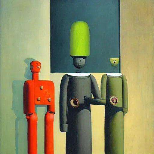 Image similar to three brutalist feline robots portrait, grant wood, pj crook, edward hopper, oil on canvas