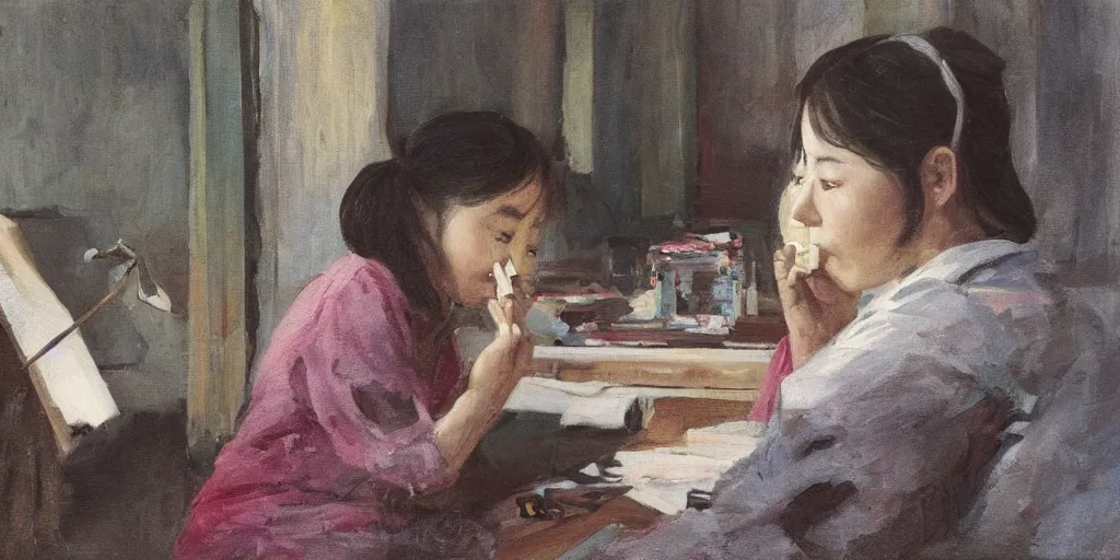 Image similar to Oil on canvas low angle of a Korean girl playing a recorder with her nose. Sitting at her computer desk. In the style of The Grand Budapest Hotel (2014)