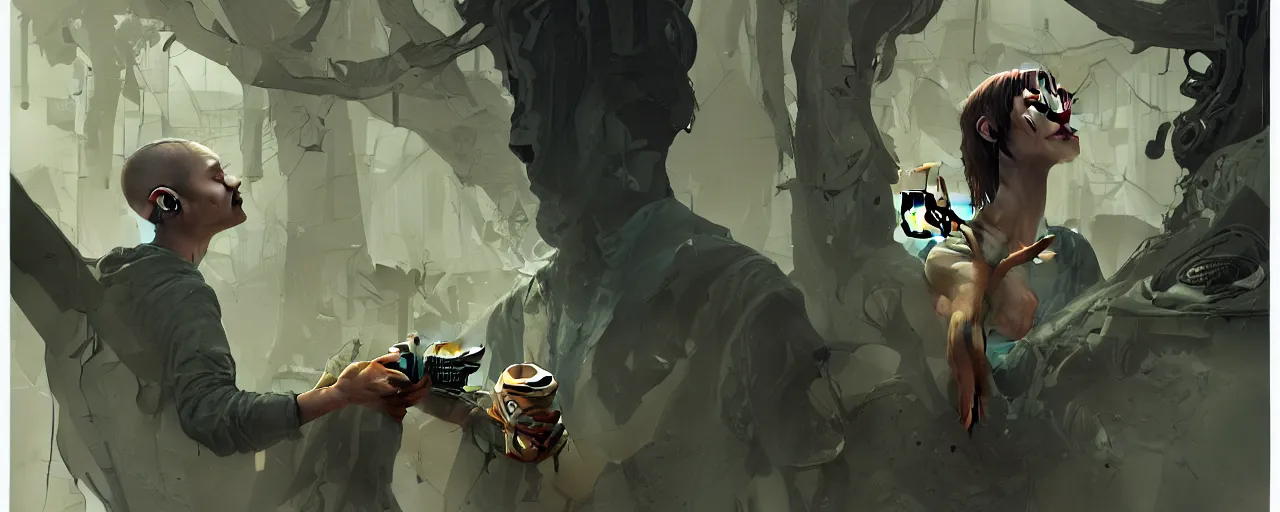 Image similar to duotone olive illustration 3 / 4 portrait of gollum drinking cup of coffee symmetrical composition accidental renaissance golden ratio. by sachin teng and sergey kolesov and ruan jia and heng z. graffiti art, scifi, fantasy, hyper detailed. octane render. concept art. trending on artstation