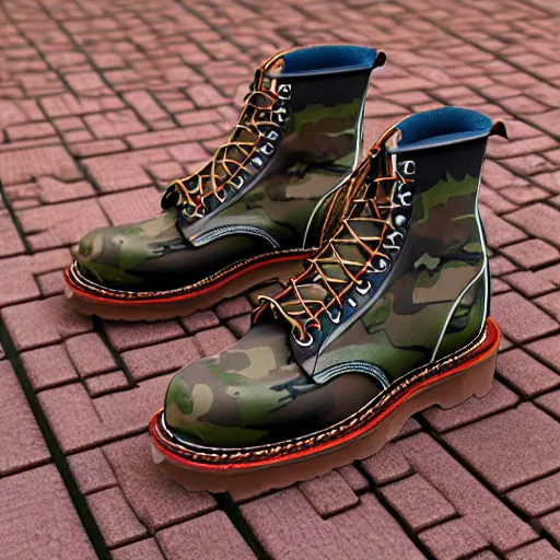 Prompt: hyper realistic complex 3 d vintage redwing 8 8 8 4 boots, camo, blender, lightning wide shot