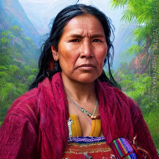 Prompt: portrait of a bolivian woman ( 3 5 ) from bolivia in 2 0 2 1, an oil painting by ross tran and thomas kincade