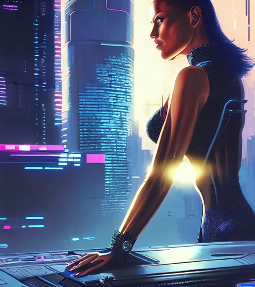 Image similar to cable plugged in, side of head, very very beautiful woman, cyberdeck computer terminal, street level night city, 1 9 7 9 omni magazine cover, style by vincent di fate, artgerm, cyberpunk 2 0 7 7, very coherent, detailed, 4 k resolution, unreal engine, daz