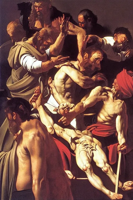 Prompt: the muppets in the painting Flagellation of Christ by Caravaggio,