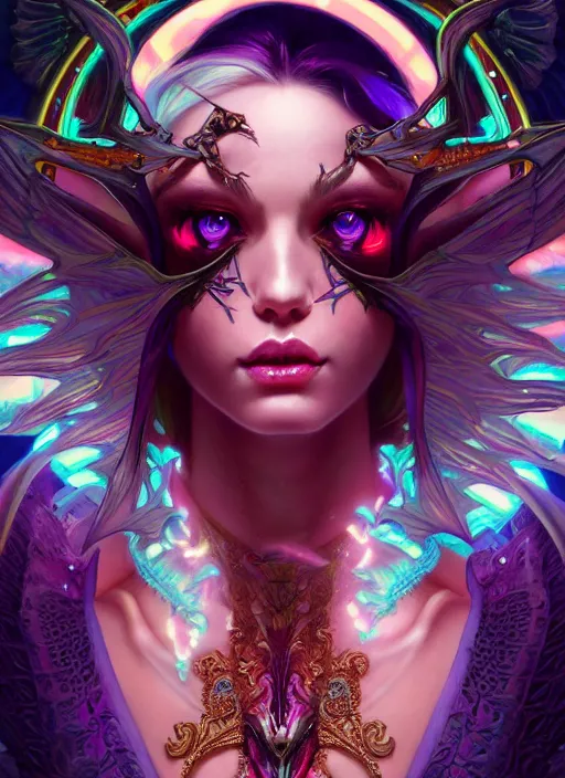 Prompt: hyper detailed ultra sharp of a beautiful succubus. white glowing eyes, dungeon, trending on artstation, vaporwave aesthetic, synthwave, colorful, psychedelic, ornate, intricate, digital painting, concept art, smooth, sharp focus, illustration, art by artgerm and greg rutkowski and alphonse mucha, 8 k