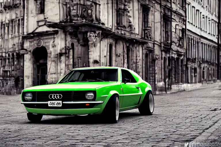 Image similar to audi camaro b 1 ( 1 9 6 9 ) drifting, need for speed : carbon, neon lines, lviv historic centre, ultra phonk, phonk music background, smoke behind wheels, noise, dark, establishing shot