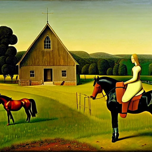 Image similar to an original painting of american gothic replaced with horses, a couple riding a horse, by grant wood