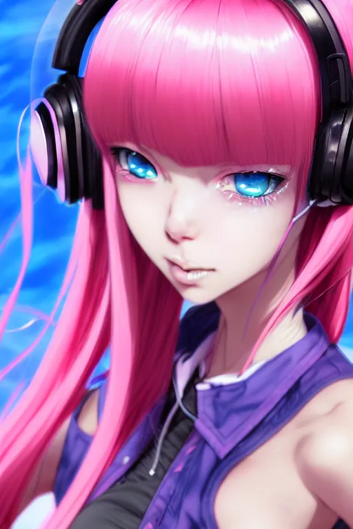 Image similar to a catgirl with pink headphone and blue hair, occlusion shadow, specular reflection, rim light, unreal engine, octane render, artgerm, artstation, art by hiroaki samura and jiro matsumoto and yusuke murata, high quality, intricate detailed 8 k, fantasy illustration, extremely beautiful and aesthetic shape of body