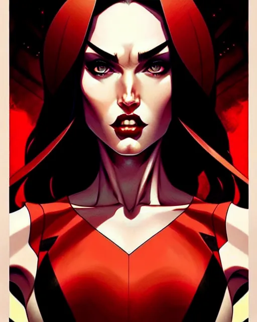 Image similar to artgerm, joshua middleton comic cover art, full body pretty megan fox vampire sharp teeth, red dress, symmetrical eyes, symmetrical face, long curly black hair, dark castle background background, cinematic lighting